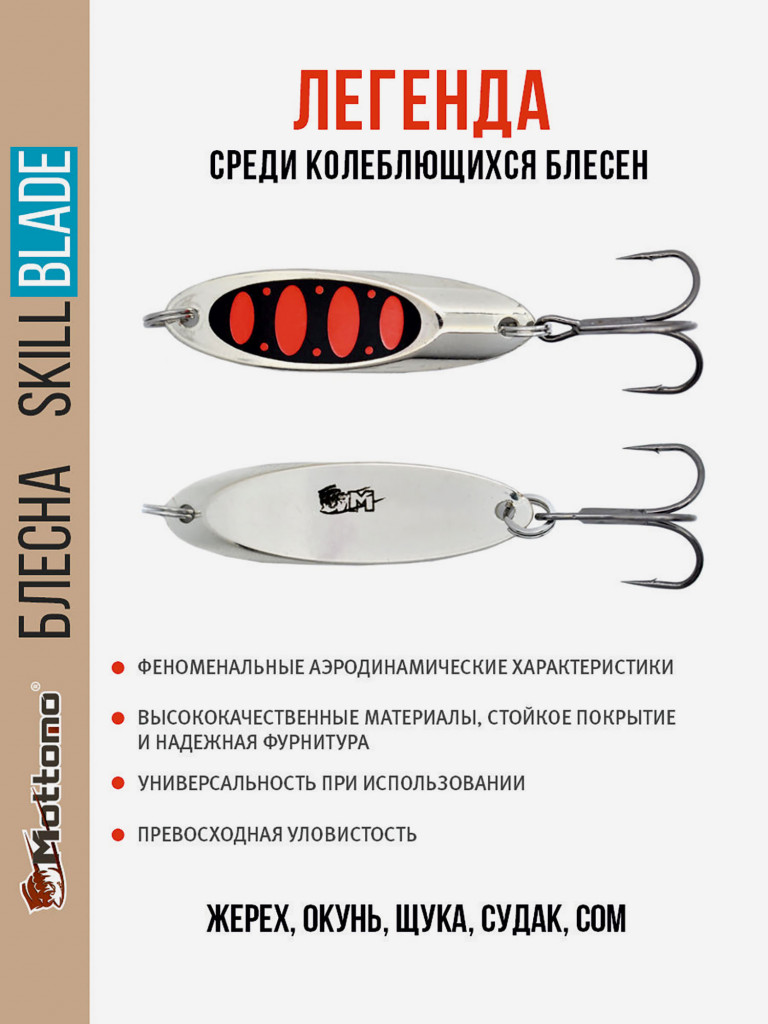 Блесна колеблющаяся для рыбалки Mottomo Skill Blade 28g Silver 25 . Колебалка на жереха, щуку, окуня, голавля, форель