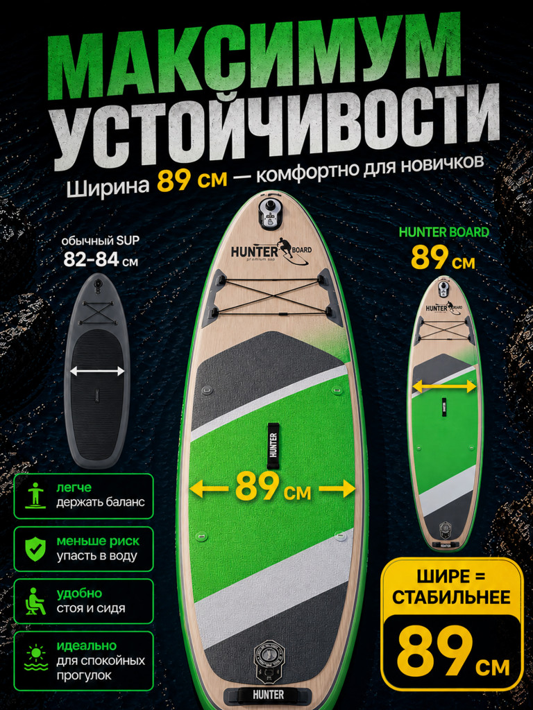 Sup-доска Hunterboard ACTIVE 11', 335х89х15 см, Green/Wood