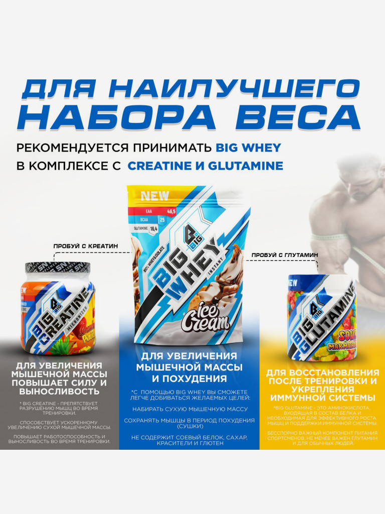 Протеин BIGSNT BIG WHEY сывороточный для набора мышечной массы, похудения и сушки / 900 грамм, 28 порций, Мороженое