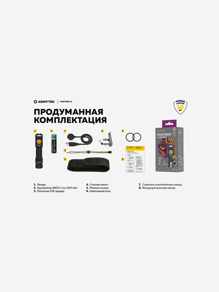 Фонарь ручной Armytek Partner C2 Magnet USB, теплый свет