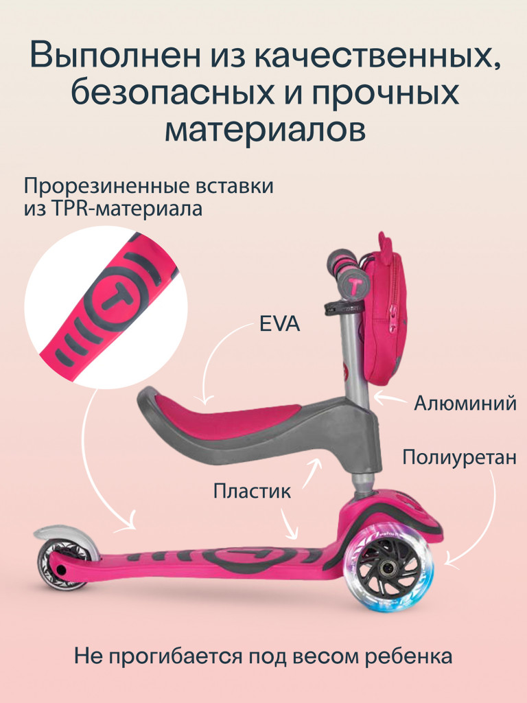 Самокат-трансформер 3-колесный SmarTrike T1 Scooter с сиденьем и сумочкой, детский, растущий, для детей от 15 мес. до 5 лет