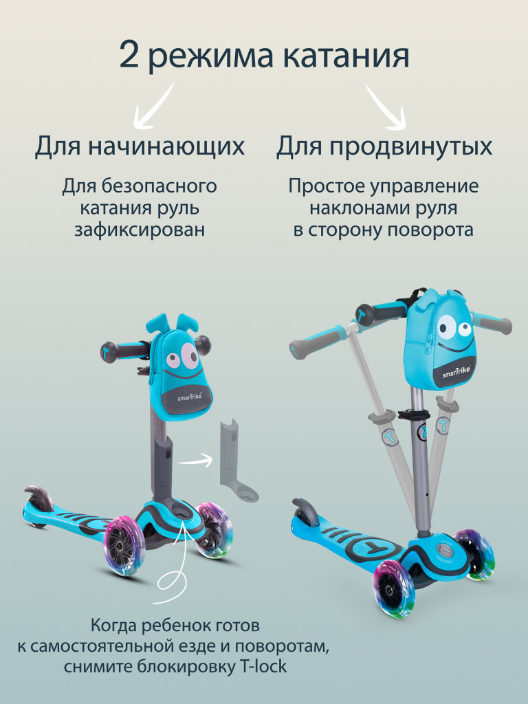 Самокат-трансформер 3-колесный SmarTrike T1 Scooter с сиденьем и сумочкой, детский, растущий, для детей от 15 мес. до 5 лет