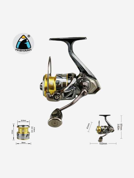 Катушка рыболовная Hishark, модель HS 1000 серебристо-золотая, ультралайт