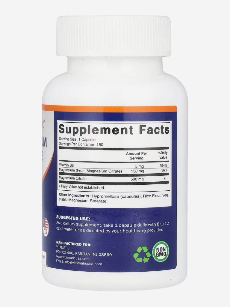 Цитрат магния с витамином B6, Vitamatic, 500 мг, 180 капсул