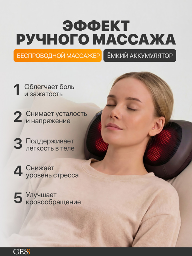 Массажная подушка GESS uShiatsu Plus, беспроводная