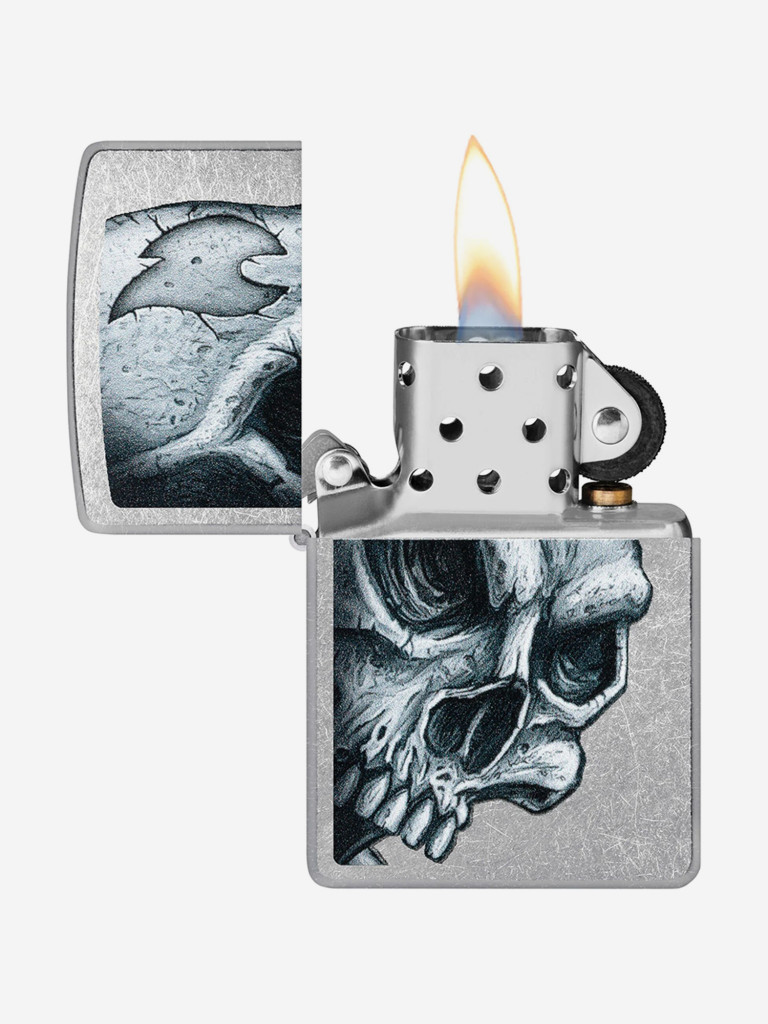 Зажигалка бензиновая ветроустойчивая Zippo Skull and Flame Street Chrome