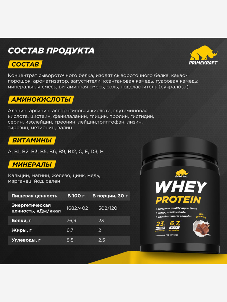 Сывороточный протеин PRIMEKRAFT со вкусом «Молочный Шоколад» 450г