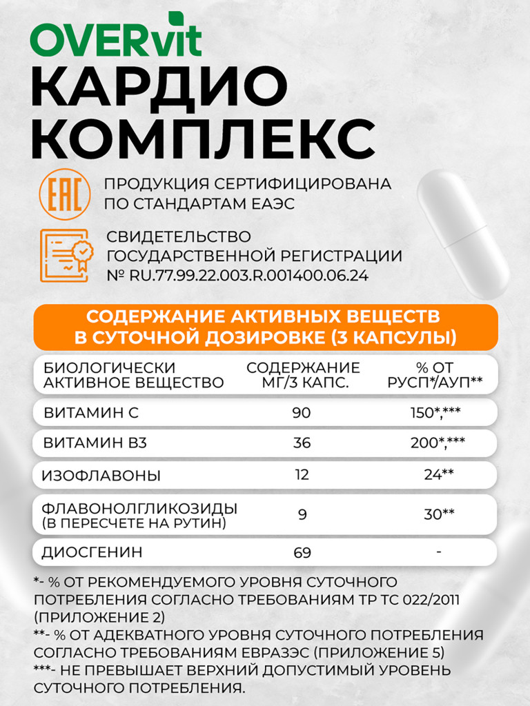 Кардио комплекс OVER, витамины для сердца и сосудов, 90 капсул