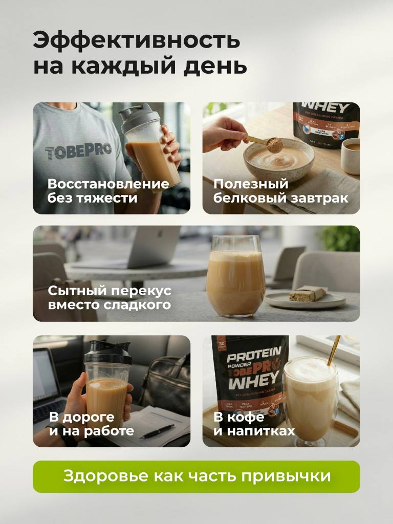 Протеин сывороточный без сахара TobePRO Whey Protein с коллагеном Кофе капучино, 900 г/30 порций