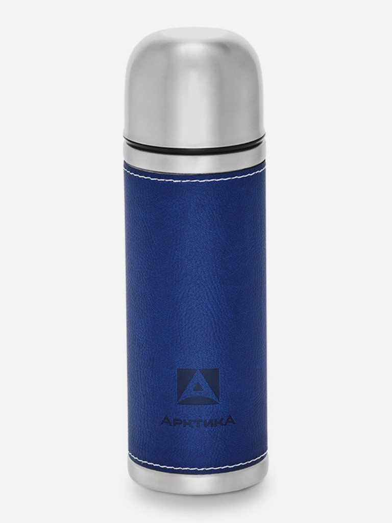 Термос для напитков, пробка с кнопкой, с кожаной вставкой на корпусе. Объем 0,5л.