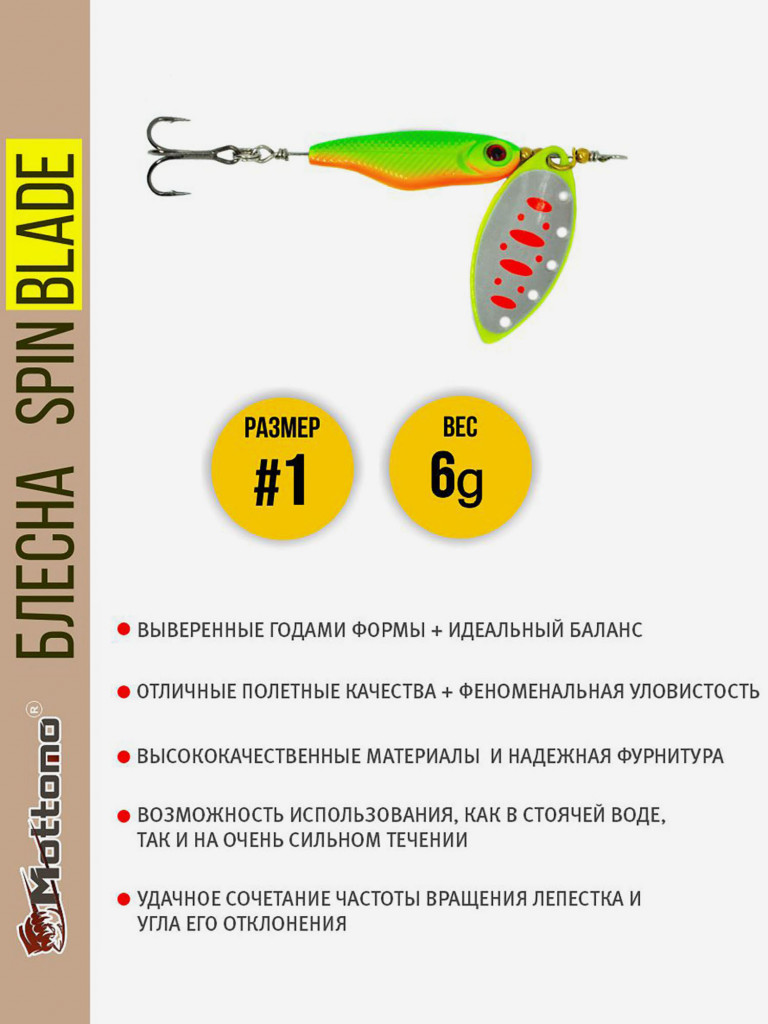 Блесна вращающаяся для рыбалки Mottomo Spin Blade#1 6g Fluo 46 для спиннинга. Вертушка на голавля, жереха, щуку, окуня, форель