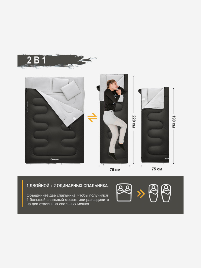 Cпальный мешок KingCamp 3143 OXYGEN 250D -3C 220x150, черный