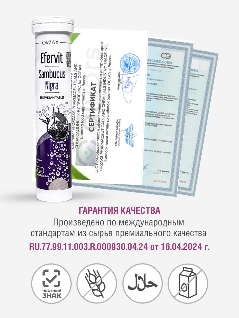 Шипучие витамины с бузиной для иммунитета ORZAX Ocean Efervit Sambucus Nigra 20 таблеток