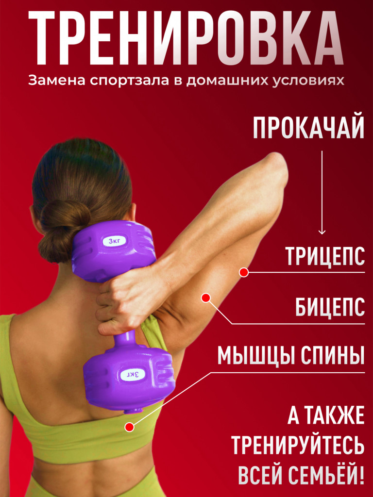 Гантели виниловые Гантели-в-Деле 3 кг 2 шт общий вес 6 кг фиолетовые