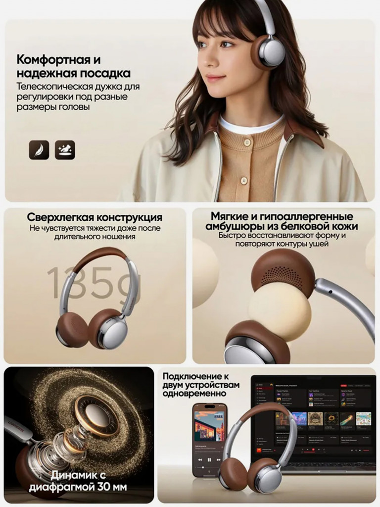 Наушники беспроводные накладные UGREEN HP207 (75629) Studio Plus Bluetooth Active Noise-Cancelling Headphones