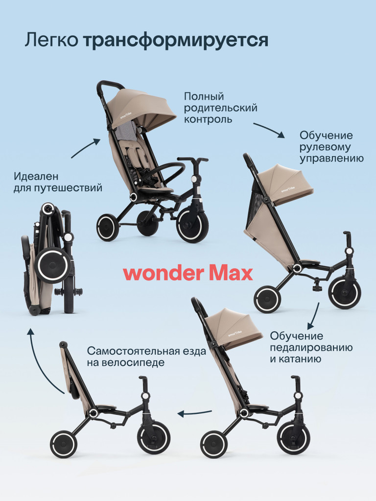 Велосипед детский трехколесный с ручкой SmarTrike Wonder Max Stone Beige, складной, для путешествий