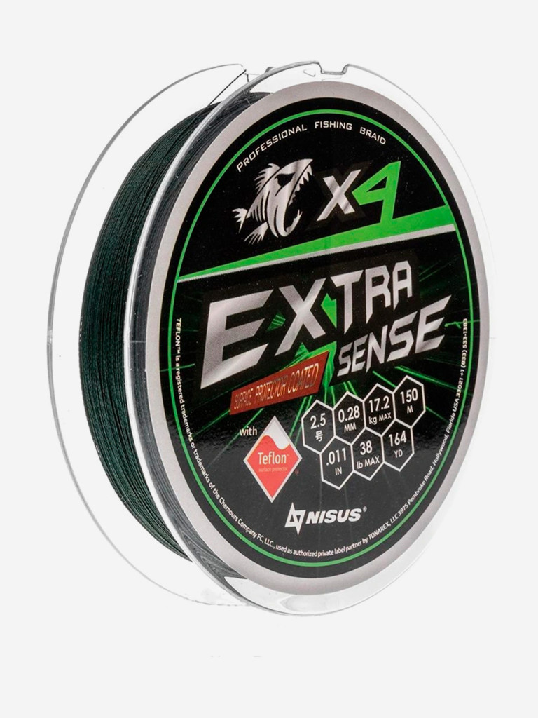 Шнур плетеный для рыбалки Helios Extrasense X4 PE, 150м, 0,28мм, 17,2кг, зеленый