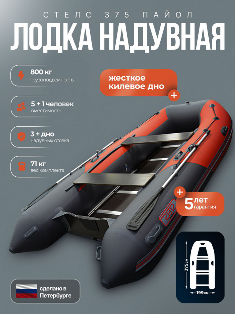 Лодка пвх под мотор Хантер Стелс 375 серый красный