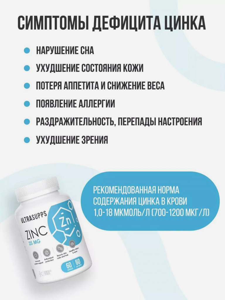 Цинк цитрат UltraSupps, 60 капсул 25мг