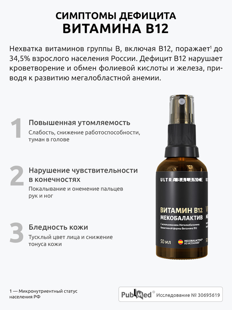 Витамин В12 Ultrabalance мекобалактив метилкобаламин для нервной системы, красоты, иммунитета против анемии 50 мл