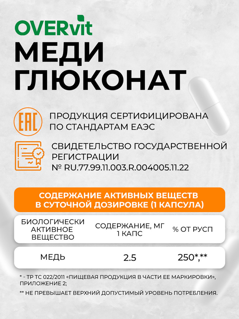 Меди глюконат,OVER, 60 капсул