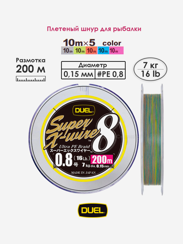 Плетеный шнур 200 м, 7.0 кг, 5Color-Yellow Marking #0.8 (0.15 мм) Duel PE SUPER X-WIRE 8