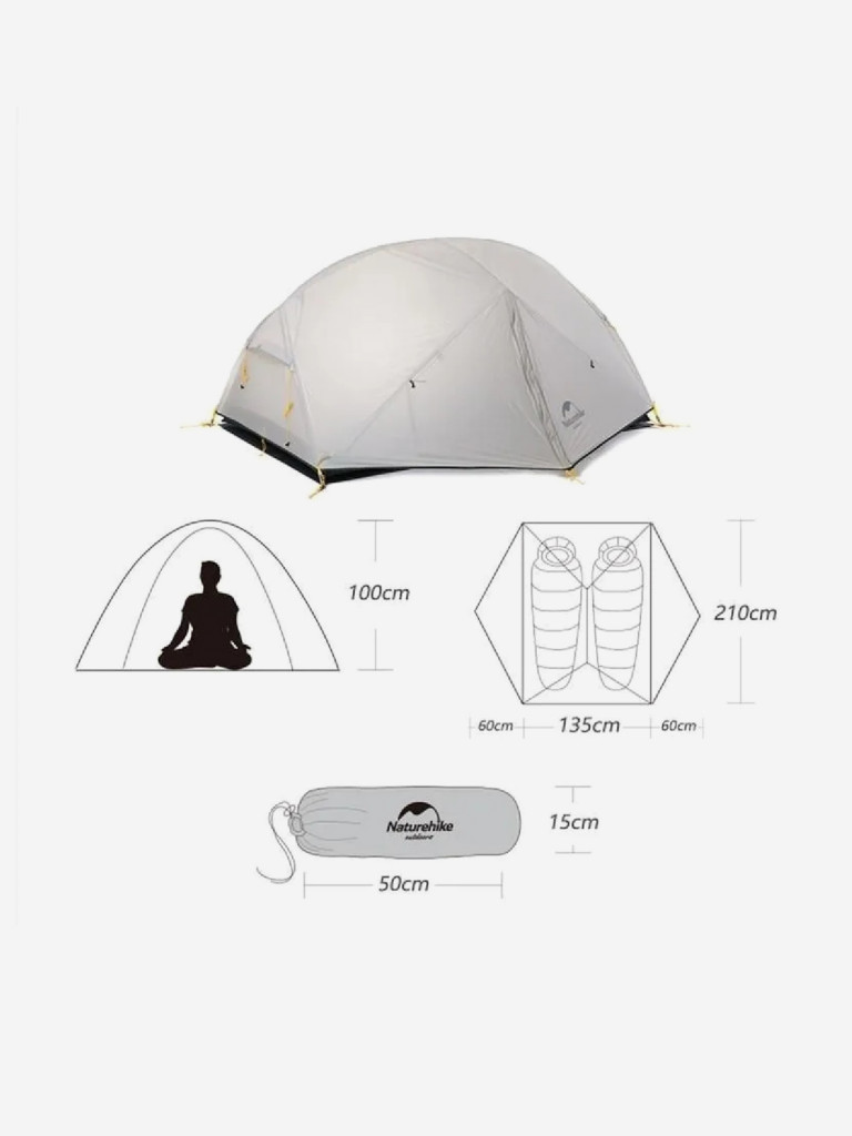 Палатка Naturehike Mongar NH17T007-M 20D двухместная сверхлегкая , серая, 6927595708071