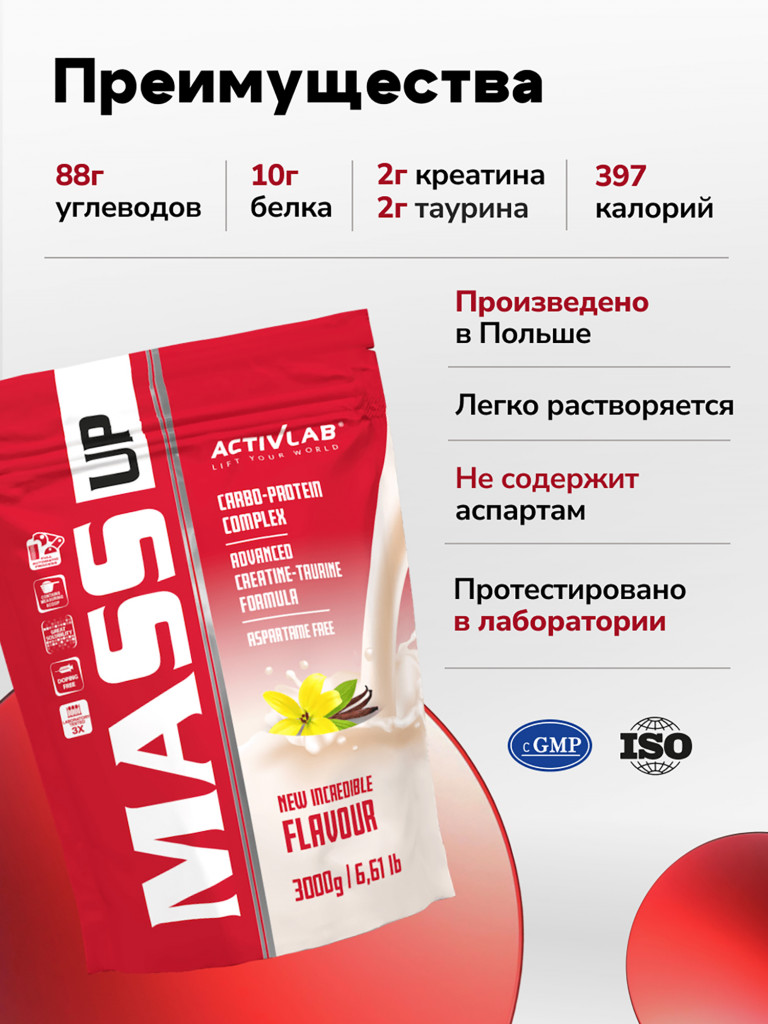 Гейнер Activlab Mass up, 3000г, 30 порций со вкусом ванили