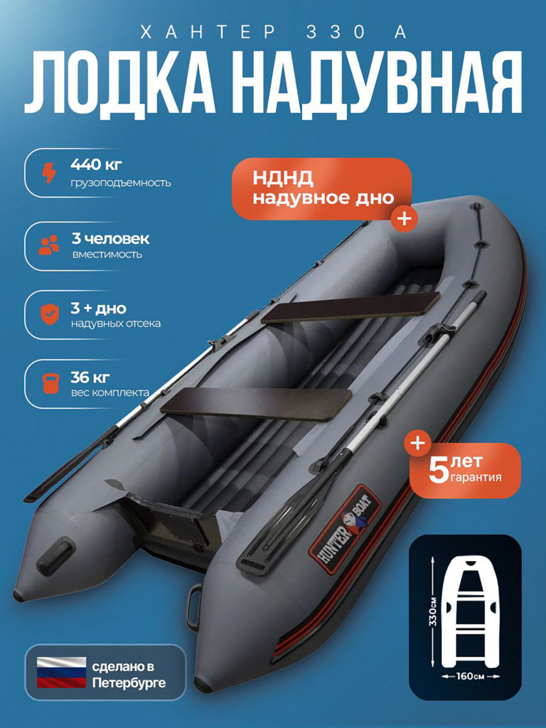 Лодка пвх под мотор Хантер 330 А серый