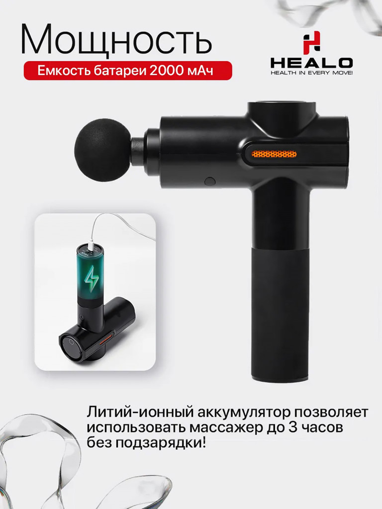 Массажер перкуссионный для тела HEALO,до 3600 ударов в минуту, 4 режима, от 3 до 32 скоростей