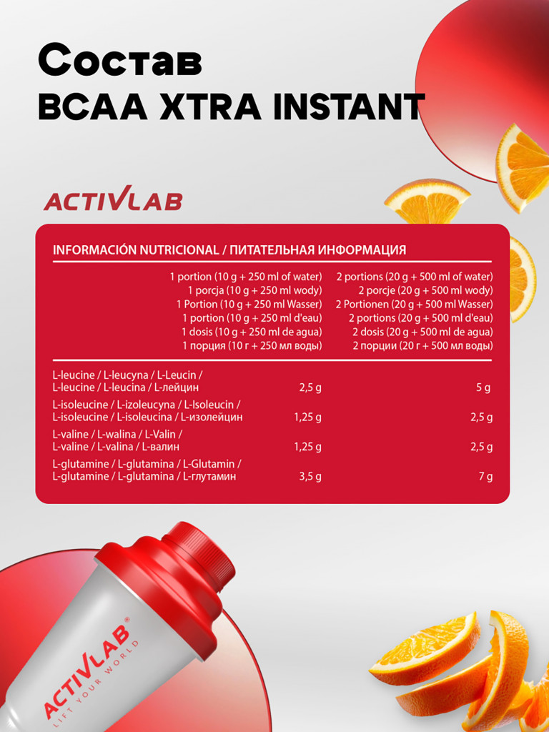 Аминокислотный комплекс BCAA Activlab Xtra INSTANT, 800 г, апельсин бцаа
