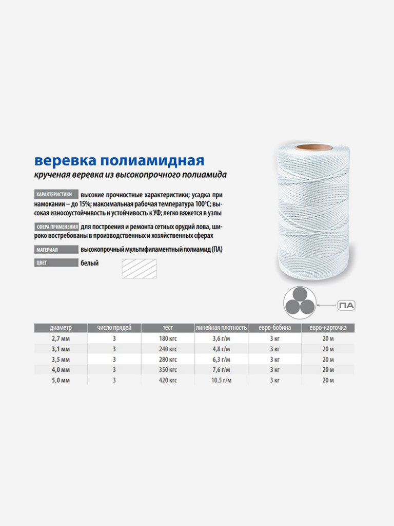 Веревка полиамидная Петроканат 4,0 мм, тест 350 кг, 3,0 кг, белая, бобина