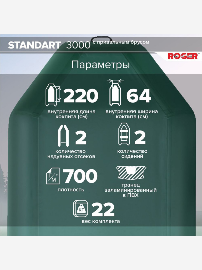 Лодка надувная ПВХ под мотор ROGER Standart 3000, лодка роджер с транцем и привальным брусом (зеленый)