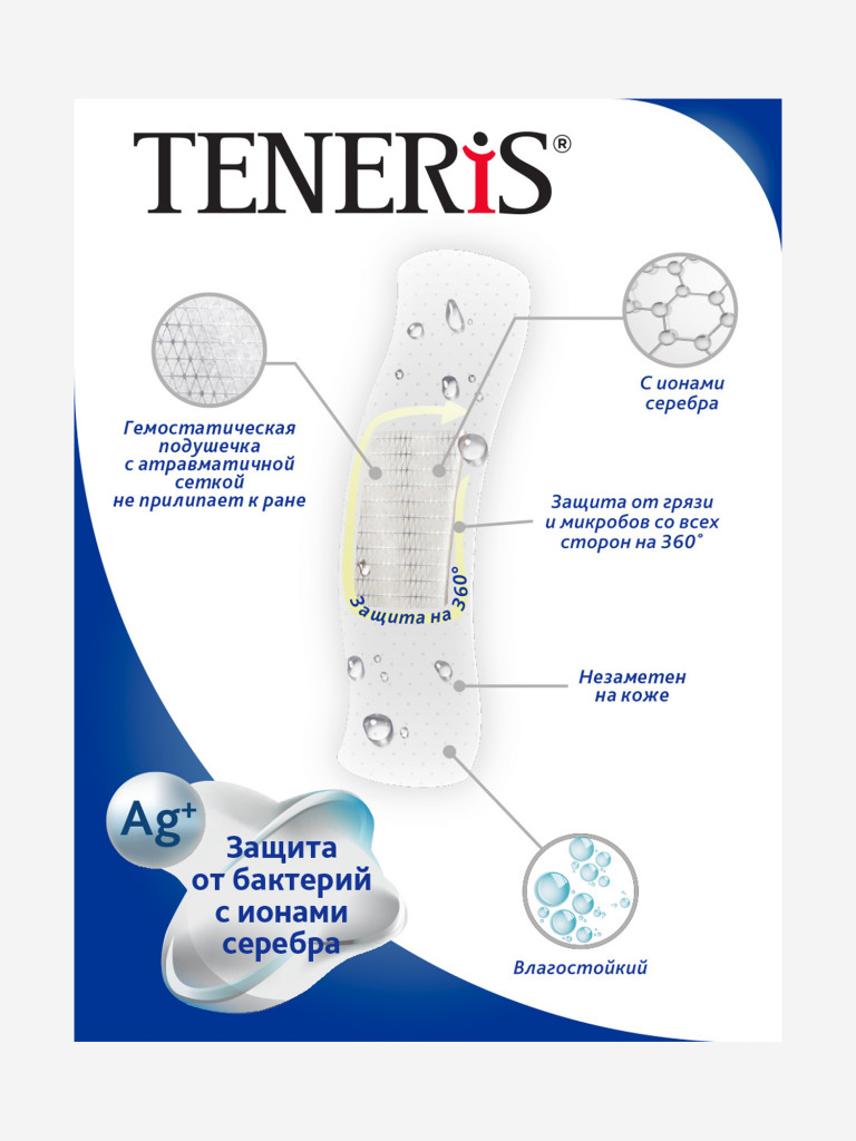 Бактерицидный лейкопластырь TENERIS AQUA Silver с ионами серебра на прозрачной полимерной основе, 20 шт