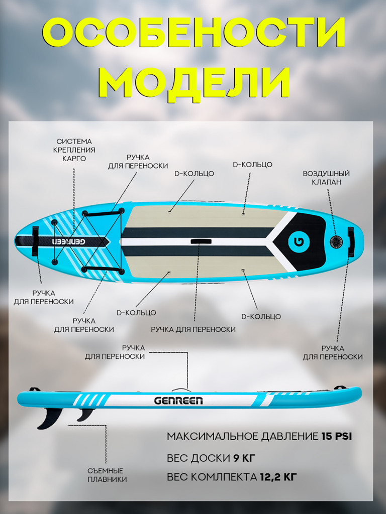 Надувной двухслойный сапборд Genreen 335-81-15 см, цвет голубой