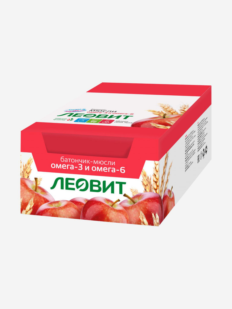 Батончик мюсли ЛЕОВИТ С яблоком и семенем льна. Упаковка 26шт. по 30г.