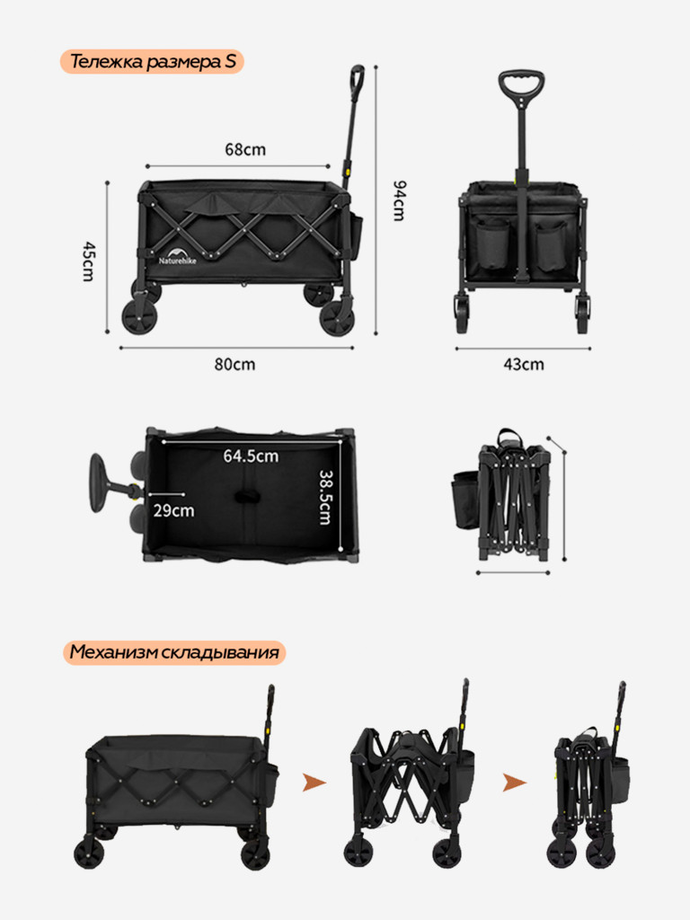 Тележка складная Naturehike туристическая, размер S, черная
