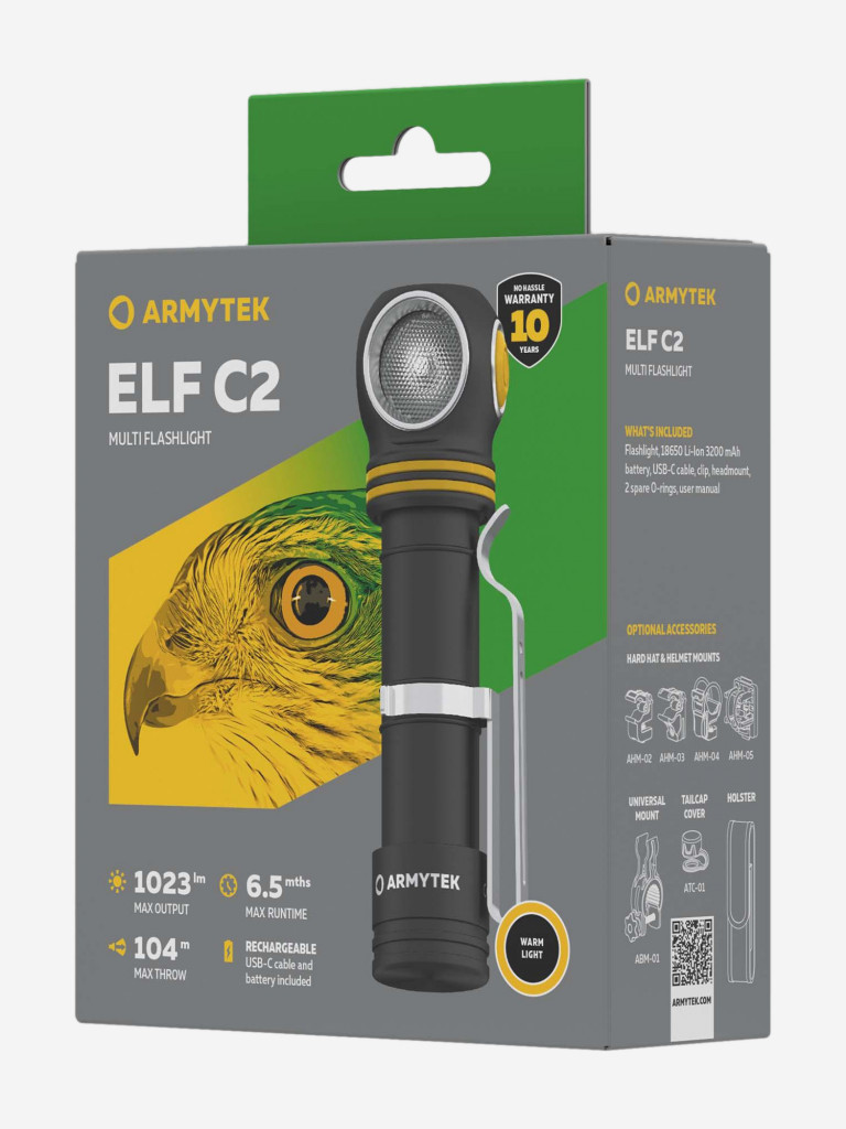 Фонарь налобный Armytek Elf C2 USB-C, 1023 лм, теплый свет