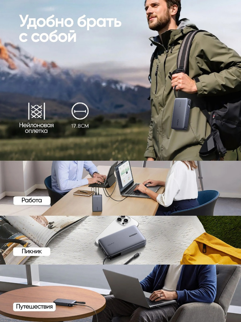 Внешний аккумулятор UGREEN PB550 (55996B) 67W Power Bank 20000 mAh USB-C&USB-A со встроенным кабелем USB-C