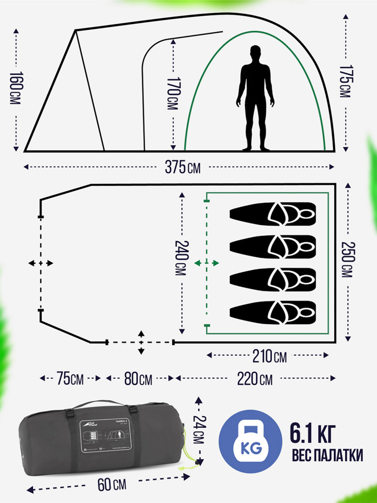 Четырехместная двухслойная кемпинговая палатка Trek Planet Tampa 4