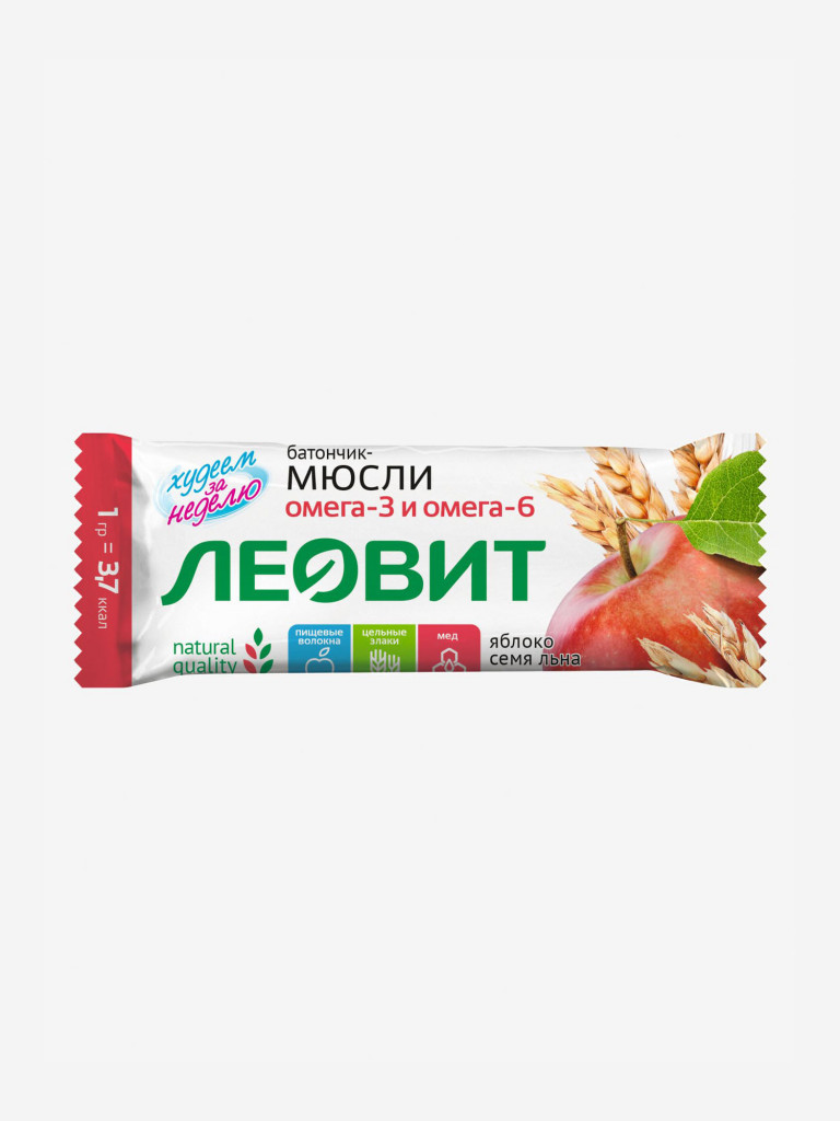 Батончик мюсли ЛЕОВИТ С яблоком и семенем льна. Упаковка 26шт. по 30г.