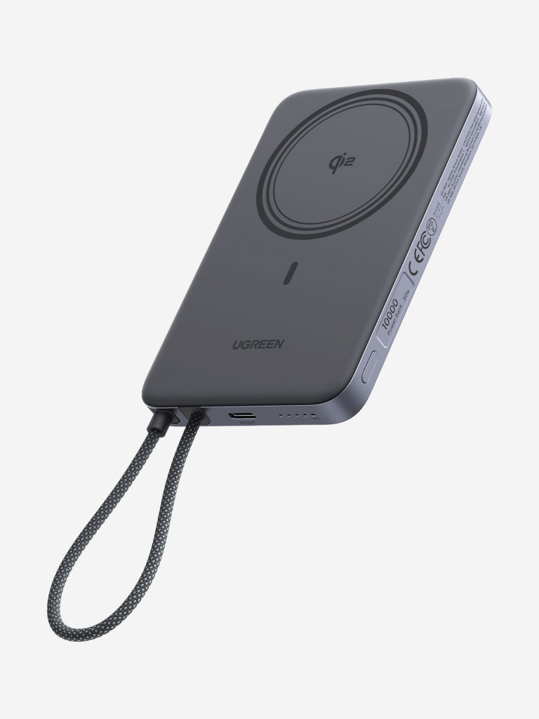 Внешний аккумулятор UGREEN PB570 (75982B) MagFlow Air Ultra-Slim 30W Magnetic 10000mAh Wireless Power Bank USB-C Cable. Цвет: серый космос