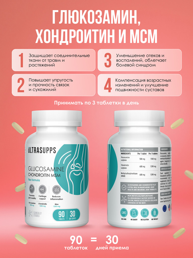 Набор из Витамины группы В, Глюкозамин хондритин МСМ и Витмин Д3 с Куркумином UltraSupps Post Trauma Recovery Complex, комплекс БАДы халяль