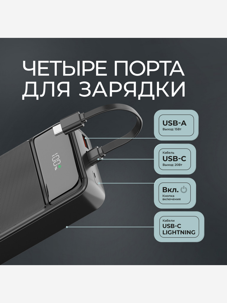 Внешний аккумулятор NRG Turbo V4c 20000 мА-ч (74Вт-ч), дисплей