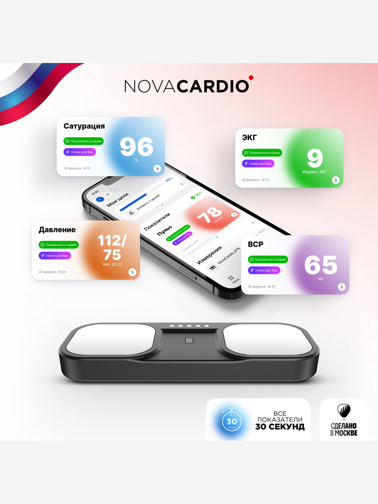 Кардиомонитор Nova Cardio: кардио карта - трекер здоровья, тонометр цифровой, пульсоксиметр и электрокардиограф ЭКГ