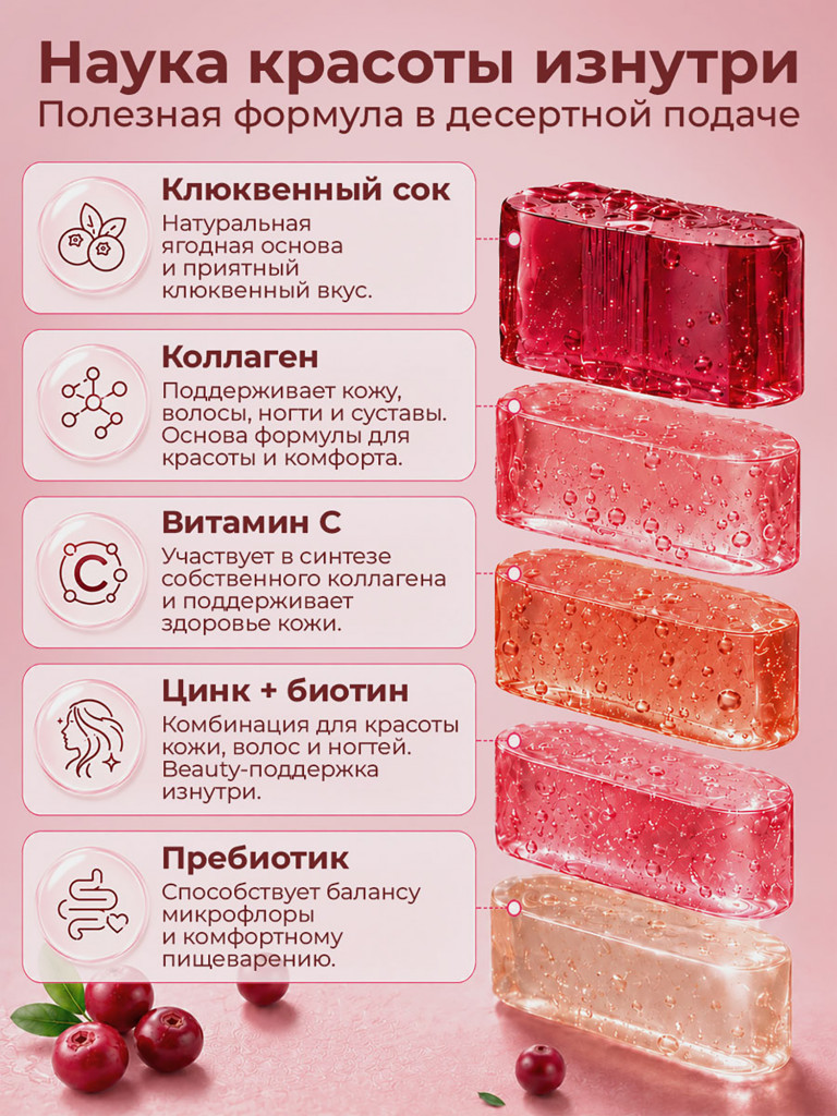 Натуральный коллаген желе Иван-поле со вкусом Клюквы, 30 стиков по 20 г