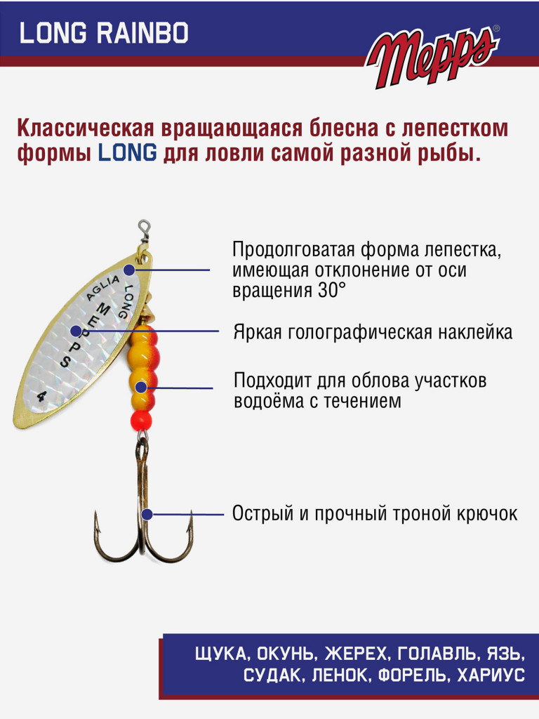 Блесна вращающаяся для рыбалки Mepps LONG RAINBO на щуку, окуня