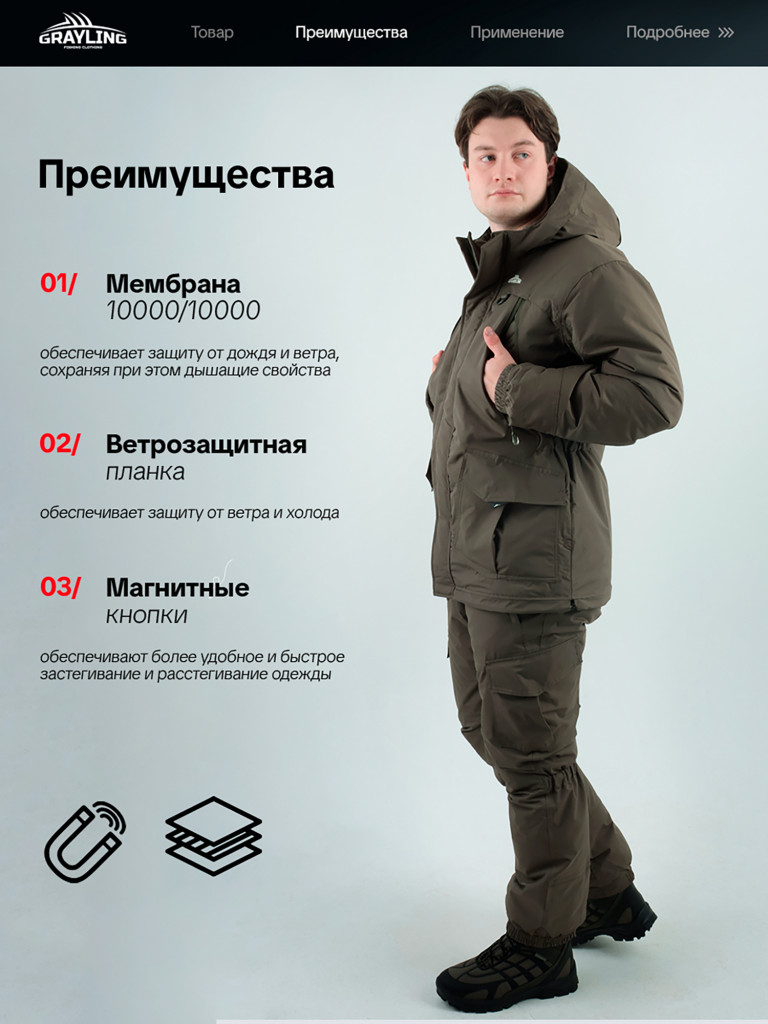 Костюм для рыбалки Скат GRAYLING, зимний -15, хаки