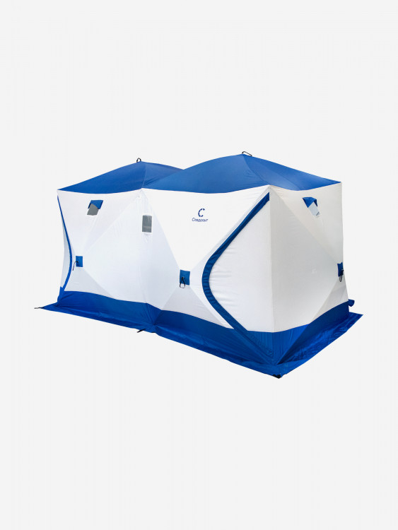 Палатка зимняя куб СЛЕДОПЫТ, 3,8х1,9 м, 2-х комнатная, S по полу 7,2 кв.м, 3 слоя , цв. синий/белый
