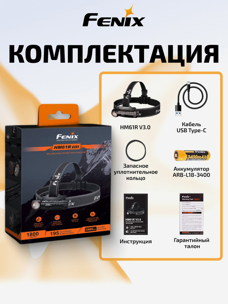 Фонарь Fenix налобный HM61R V3.0 3400mAh мультифонарь